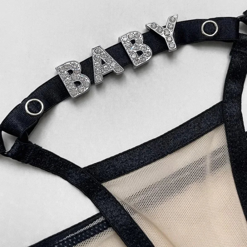 Baby Rhinestone Letter Sexy Thongs Women's Mesh Breathable Thin Perspective Underwear Low Waist Hollow Out Erotic Briefs String