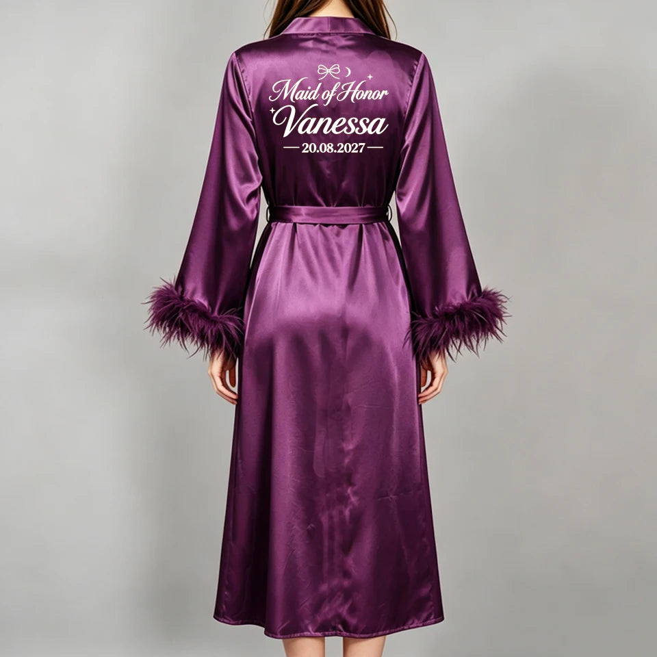 Custom Name Bride Robe Satin Feather Bridesmaid Robes Personalized Wedding Morning Gown Bachelorette Party Bathrobe