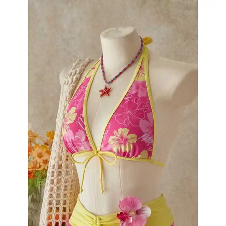 Women European American Sexy Three Piece Bikini Swimwear Set Floral Print Tie Up Swim Skirt Beach Bathing Suit