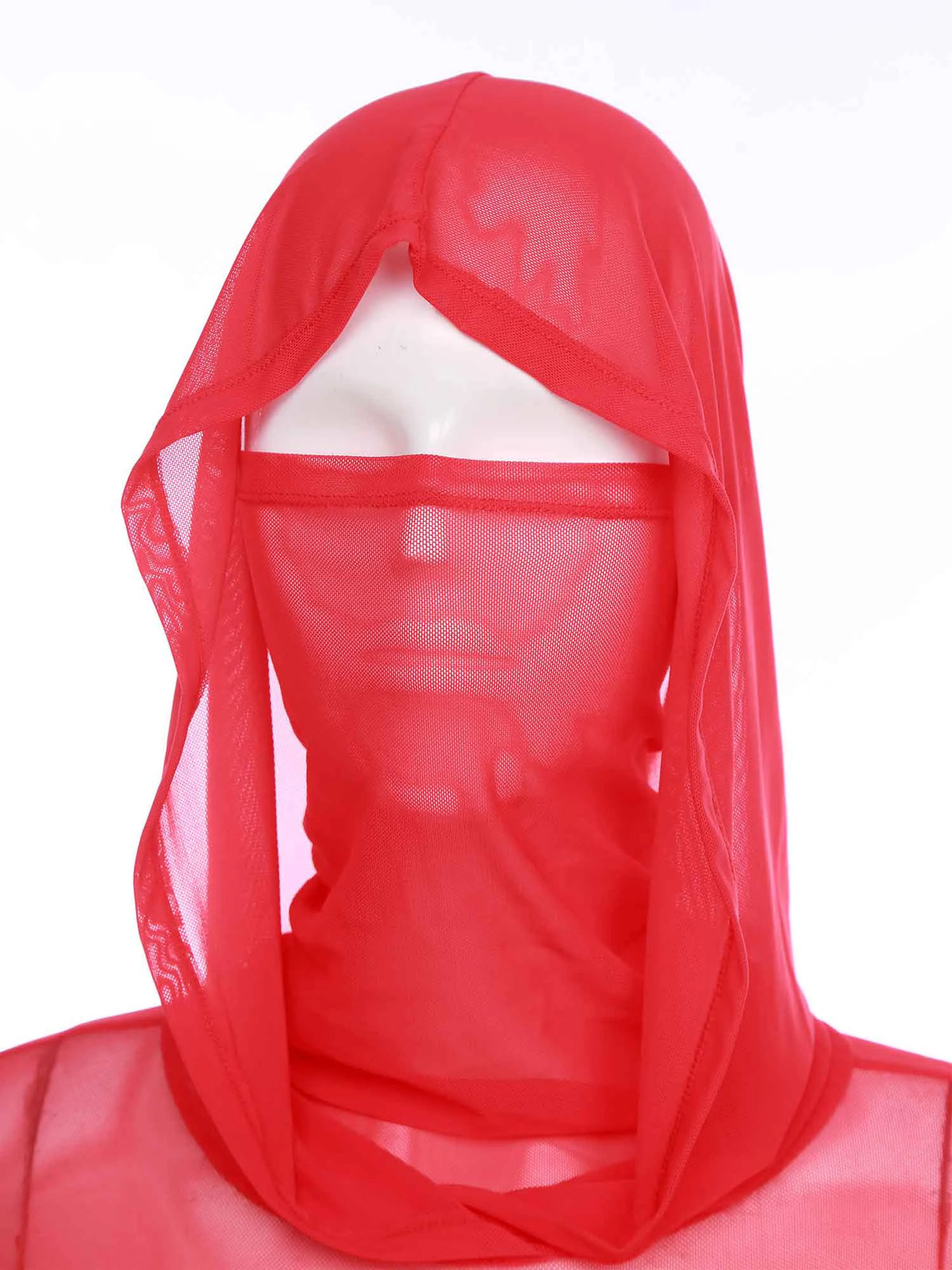 Women Wet Look Mesh Maxi Dress with Hooded Cosplay Sexy High Slit Lingerie Face Mask Long Sleeves Hollow Out Sheer Nightdress