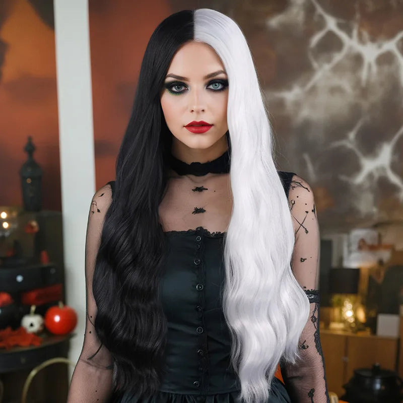 Cosplay Halloween Party Wigs CRUELLA Deville De Vil Black White With Bangs Short Bob Hair for Women Heat-Resistant Synthetic Wig