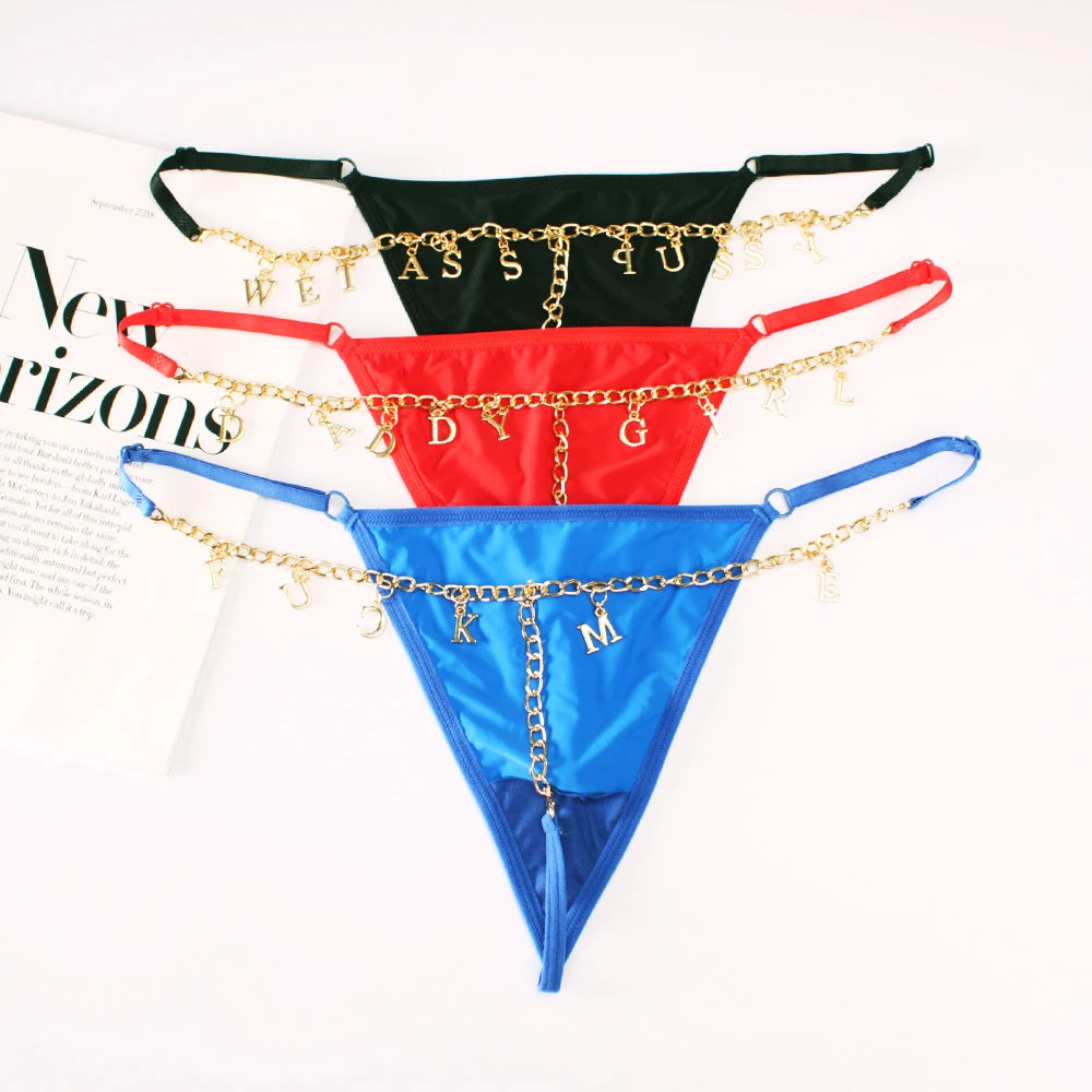 Personality Sexy Custom Name Gold Metal Letter Thong Panties Waist G-Strings Exotic Lingerie Breathable Underwear Ladies