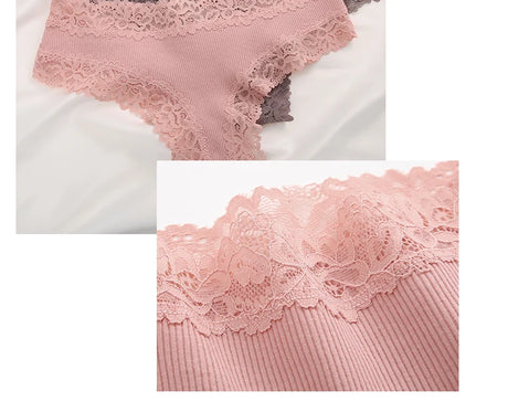 3PCS/Set Sexy Lace Seamless Cotton Brazilian Panties Women Ribbed Intimates Breathable Panties Low Waist Female Cotton Underwear
