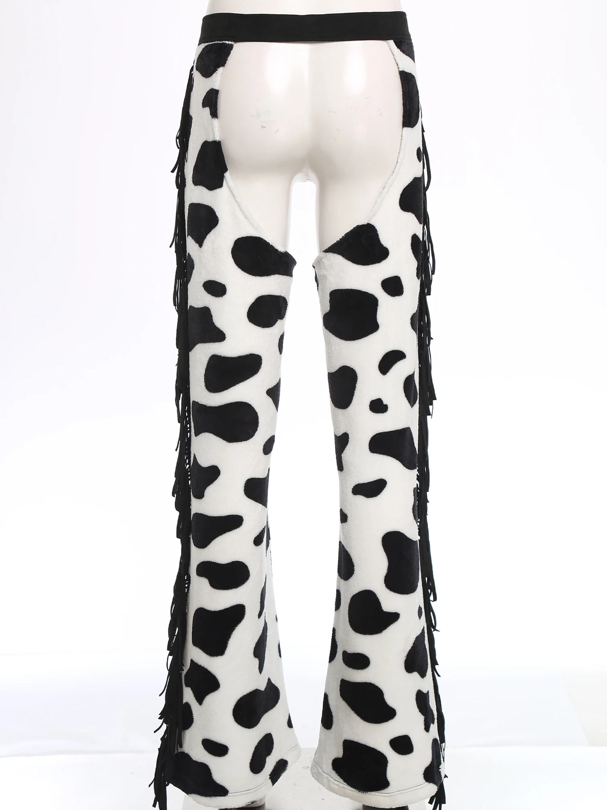 Womens Cow Spot Pattern Flannel Long Pants Adjustable Waist Open Crotch Biking Riding Cowgirl Chaps Halloween Cospaly Costume