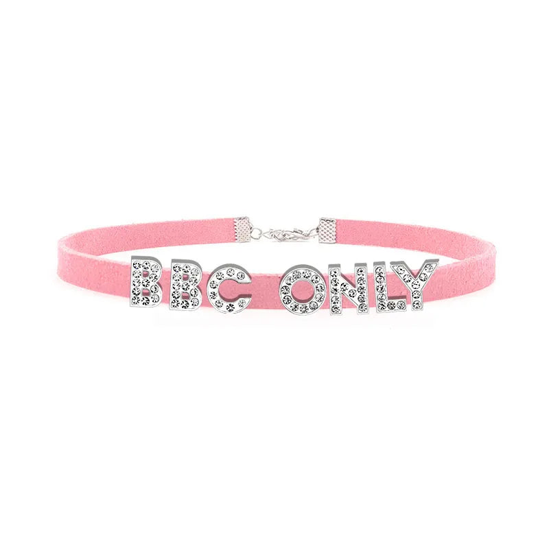 Sexy Rhinestone Letters Hotwife Collar Choker for Women Men DIY Customized Necklaces Pink Suede Leather Cosplay Jewelry Gift