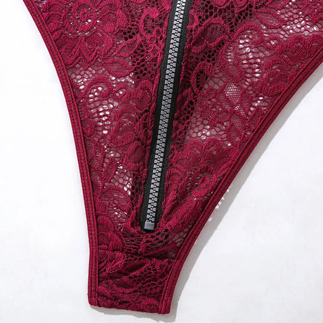 Sexy Zipper Front Lace Bodysuit High Cut Mesh Teddy Lingerie Women Halter Neck See Through Body Stocking Erotic Costume Purple