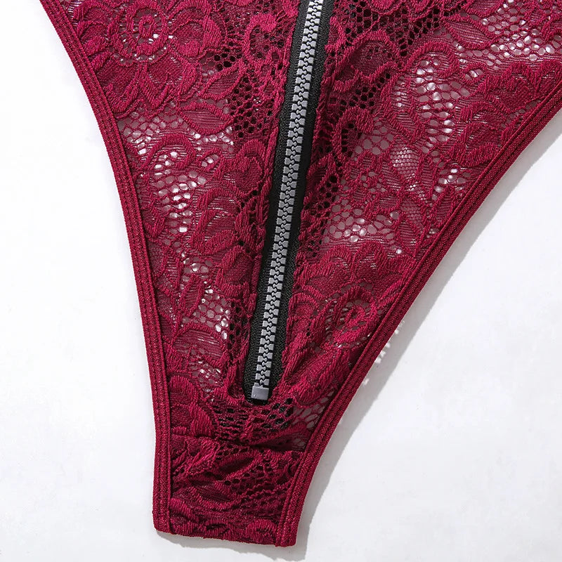 Sexy Zipper Front Lace Bodysuit High Cut Mesh Teddy Lingerie Women Halter Neck See Through Body Stocking Erotic Costume Purple