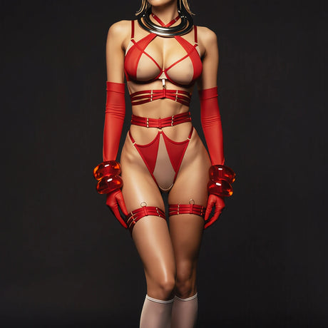 Diccvicc Sexy Red Strappy Lingerie Set Sheer Mesh Cutout Cross Halter Bra Cage Garter Thigh Bands Thong Exotic Women Underwear