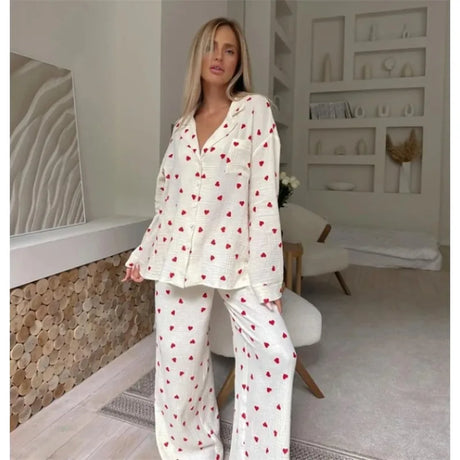 Summer New Love Heart Print Pyjama 100% Cotton Long Sleeve Set 2Pcs Outfit Lapel Sleepwear Button Down Women's Pajamas Nightwear