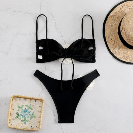 Sexy Flower Bandeau Swimwear Thong Bikini 2026 Women Lace-up Swimsuit Swimming Bathing Suit Brazilian Bikinis Sets Mujer Biquini