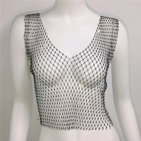 New Sexy Mesh Crop Tops for Women Summer Rhinestones Fashion Party Club See Through Fishnet Tank Hollow Out Backless Top