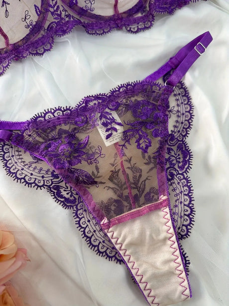 Sexy Custom Thong Name Embroidery Lingerie Set Customized Women Name Thong Sheer Bra + Brief Underwear Set Personalized Gift