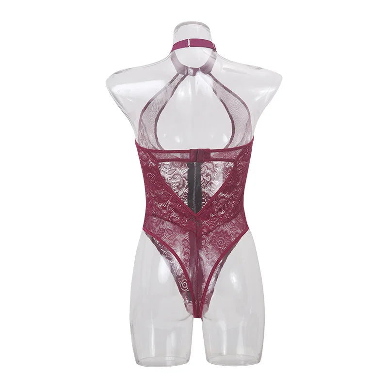 Sexy Zipper Front Lace Bodysuit High Cut Mesh Teddy Lingerie Women Halter Neck See Through Body Stocking Erotic Costume Purple