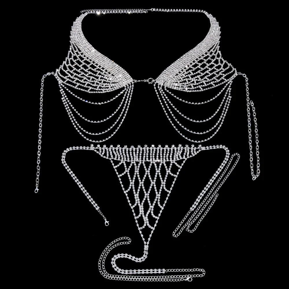 Tassel Underwear Rhinestone Bra Chain Harness for Women Accessories Sexy Fashion Crystal Bikini Bra and Thong Sets Body Jewelry