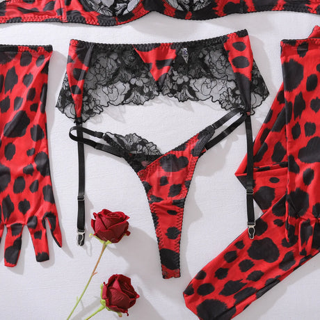 Diccvicc Sensual Lingerie Woman See Through Sexy Lace Bra Garter Belt Leopard Underwear with Stocking Glove Exotic Intimate Wear