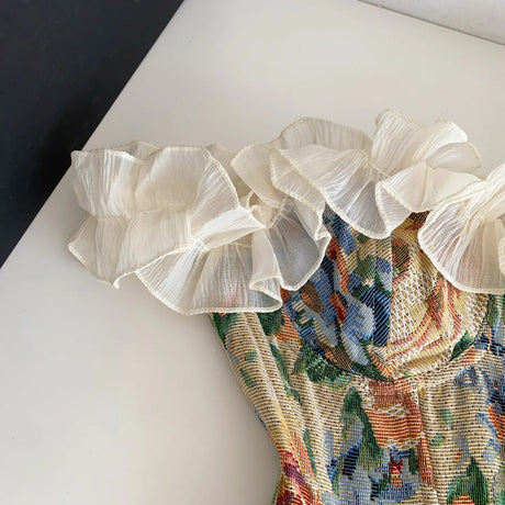 Retro Ruffle Off Shoulder Print Tube Top Sexy Bandage Corset Bustier Camis Tank Top Slim Summer Women Party Crop Top
