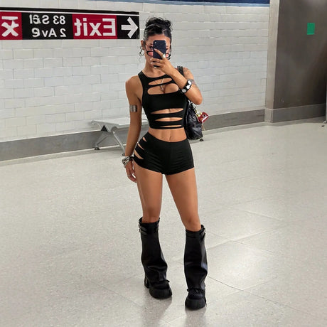 Shorts Set Hollow Out Set Sexy Style with Sleeveless Short Sleeve Summer Streetwear No Iron Finish Sexy Baddie Women Shorts