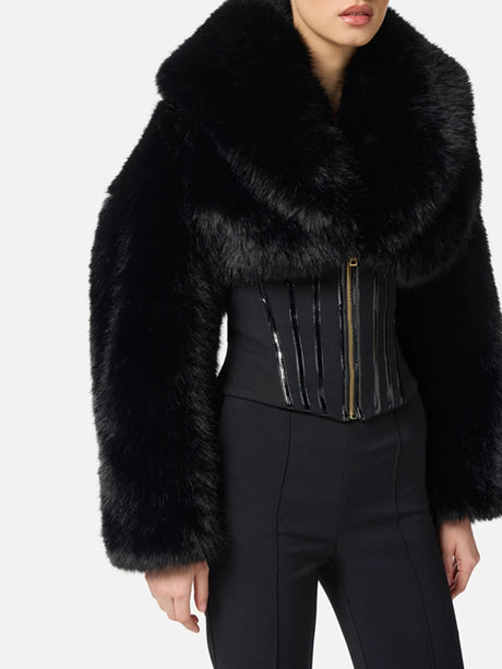 TWOTWINSTYLE Black Slimming Spliced Zipper Jackets for Women Lapel Long Sleeves Tunic Patchwork Fur Fashion Jacket Female New