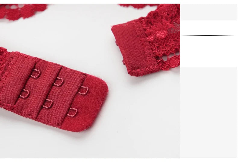 French Red 1/2 Cup Sexy Bra Set Lace Flowers Embroidery Women Underwear Push Up Brassiere and Panties Garter 3 Pieces Sets