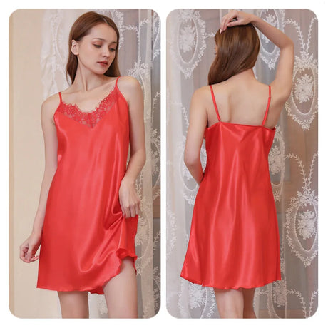 Women's Sleepwear Solid Short Satin Nightgown Mini Slip Chemise Nightwear Sexy Woman Nightie With Lace Trim