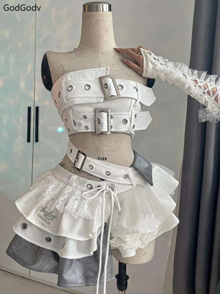 Summer Vintage Elegant Y2K Woman 2 Piece Sets Punk Gothic Strapless Crop Tops +High Waist Ruffle Skirt Female Party Outfits 2025