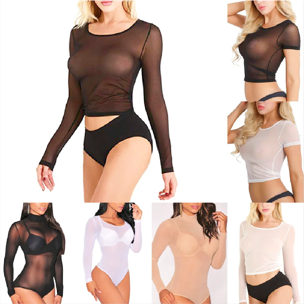 Sexy Women T Shirt See Through Mesh Black Long Sleeve Bodysuit Sheer Slim Turtleneck Tulle Crop Top T-Shirt Transparent Clubwear