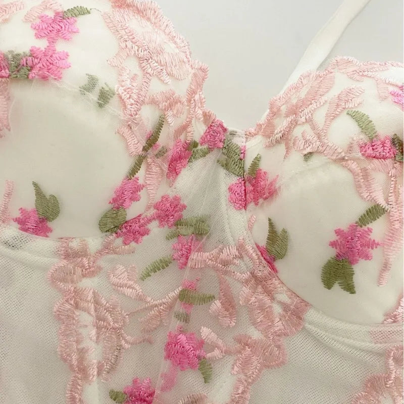 Retro White Mesh Corset Women Gothic Thin Strap Sweetheart Pink Floral Embroidery Waist Shaper Elegant Wear