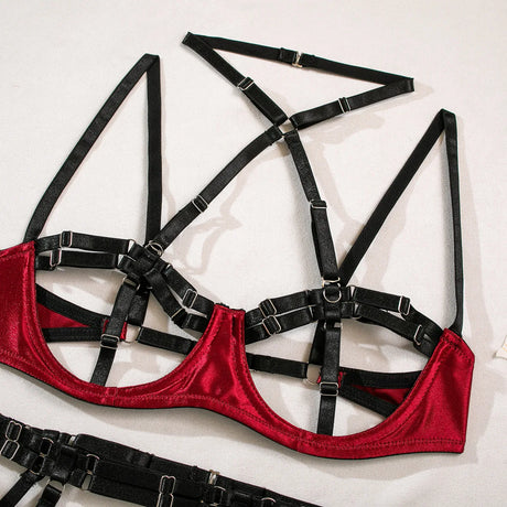 Sexy Lingerie Set for Women Hollow Out Open‑cup Underwire Bra Garter Belt Multi‑piece Bondage Lingerie Kit