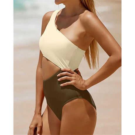 Vzvn 2026 New Women Swimwear Female Padded Bather Bathing Suit Swim Colors Cut Out One Shoulder Splicing One Piece Swimsuit