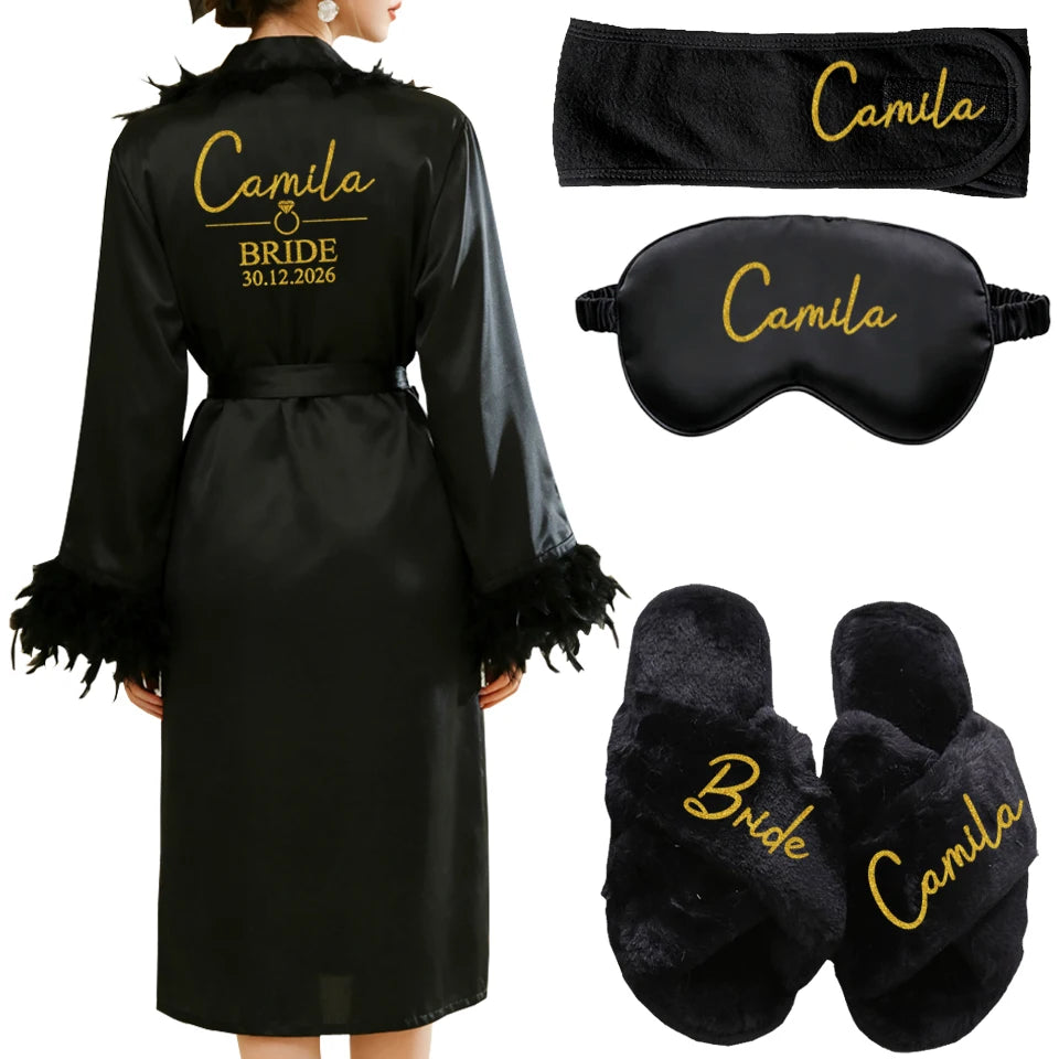 Personalized Name Date Wedding Feather Bride Robe Bridesmaid Bathrobe Nightwear Long Elegant Woman Gown Sexy Nightgown for Party