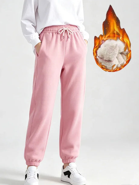 Autumn Winter Warm Solid Color Fleece Women Long Pants Casual Loose Elastic Waist Sports Pants Office Ladies Trousers Women