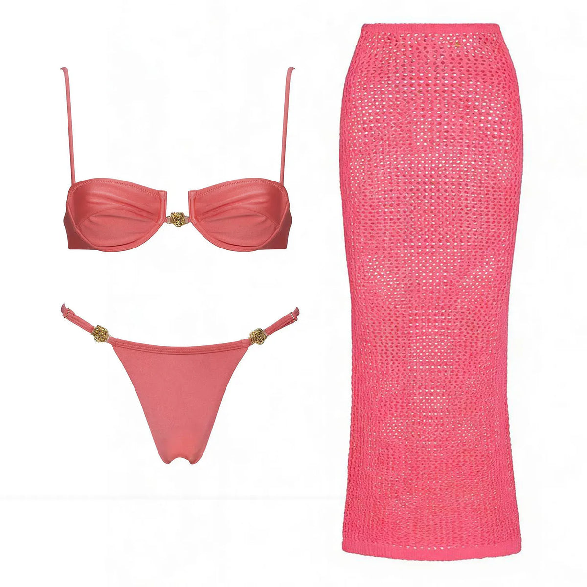 Push Up 3Pcs Swimsuit Sexy Bikini Women Swimwear Brazilian Biquini Crochet Skirt Bathingsuit Female Solid Swim Suit Beachwear
