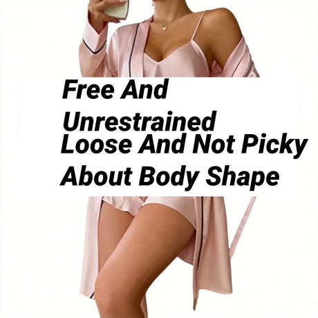 Simple Satin Pajama Set Long Sleeve Belted Robe V Neck Cami Top And Shorts Women's Sleepwear
