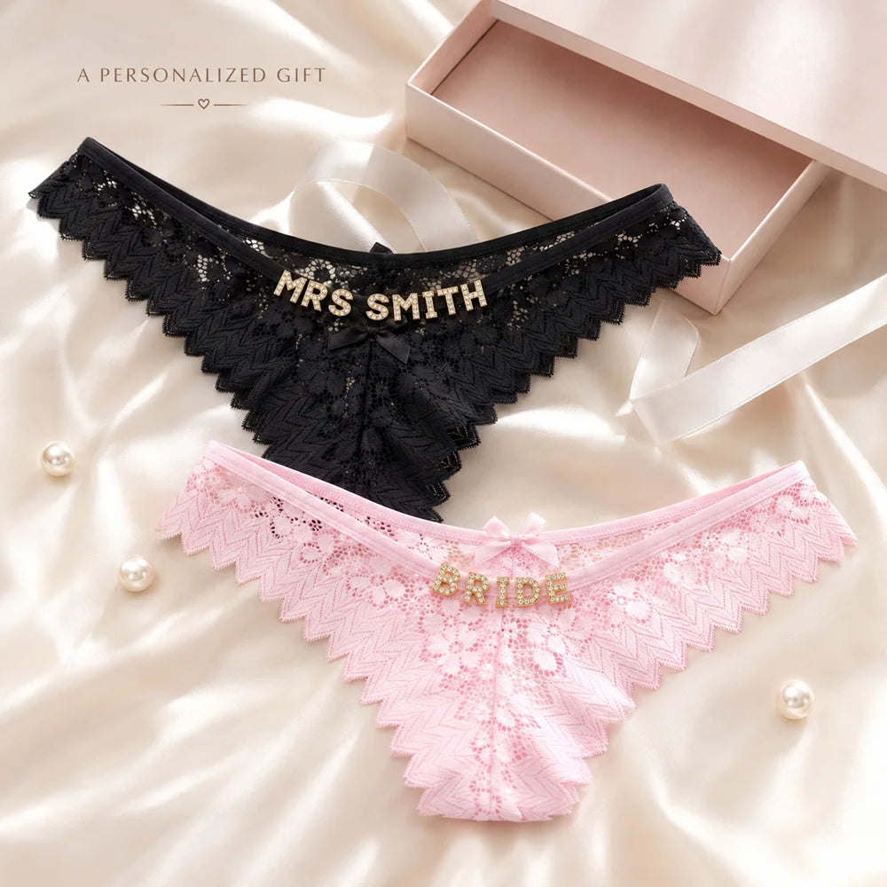 Custom Crystal Letter Lace Thong Panties for Women Personalized Name Underwear Gold Silver Rhinestone Gift Multiple Colors