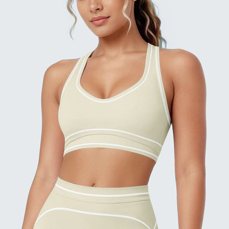 Women's Yoga Bra Vest Fitness Tank Running Workout Gym Top Push Up Padded Soft Slim Contrast Piping Racerback Sports Underwear