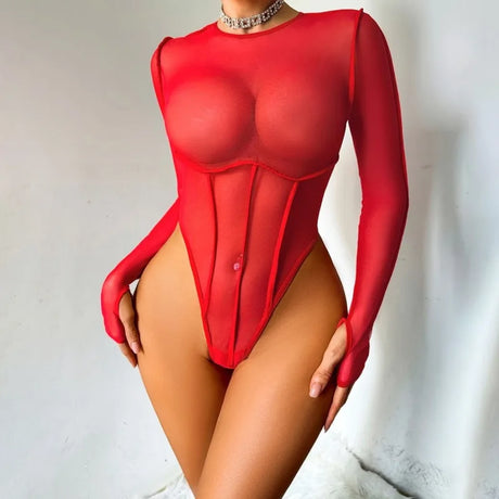 Red Exotic Bodysuits Tempted Fitting Lingeries Femme Ultra Hot Sexy See Through Mesh Splicing Crotchless Teddies Sissy Underwear