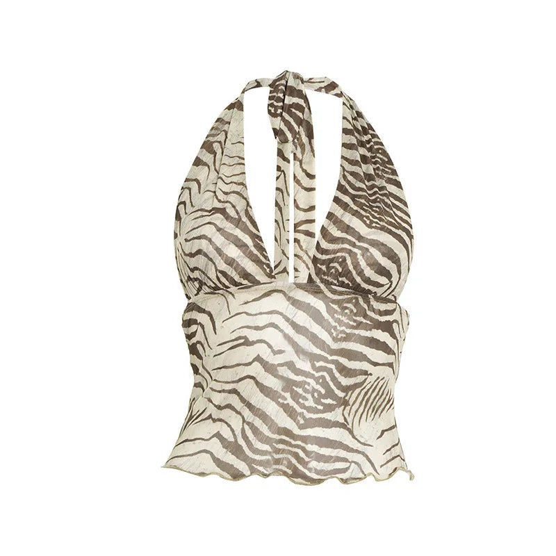 Halter V Neck Striped Print Tank Top Women Backless Sleeveless Bare Midriff Halter Crop Tops Female Tube Top Cropped Vest