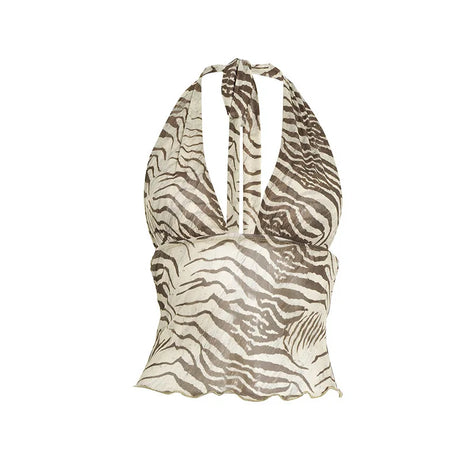 Halter V Neck Striped Print Tank Top Women Backless Sleeveless Bare Midriff Halter Crop Tops Female Tube Top Cropped Vest