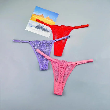 3PCS Adjustable Sexy Transparent Thong Panties Women Lace Underwear Low Waist Female T-back String Underpants