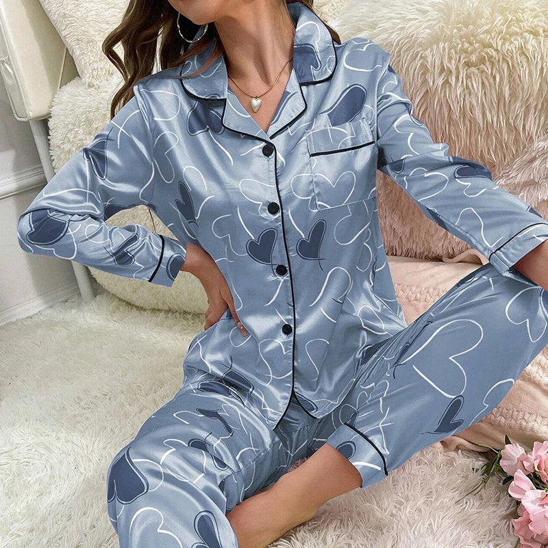 Women Satin Pajama Casual Sleepwear Home Clothes Suit Autumn Long Sleeve Button Up Top & Pants Nightwear Loungewear Pyjama Femme