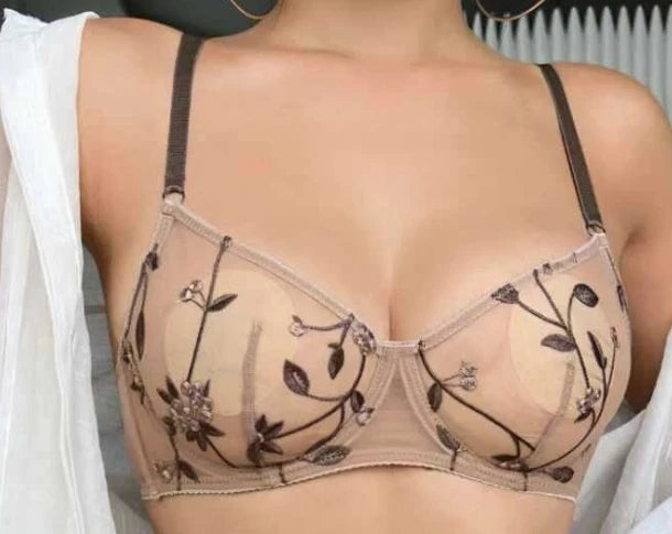 Women Thin Sheer Mesh Lace Bra Set 32‑38 Transparent Floral Embroidery Underwire Anti Sag Push Up Minimizer Big Breast Bra S-XL
