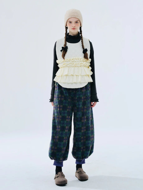 Green Plaid Lamb Wool Lantern Pants Female clothing women's pants and trousers Elastic Waist Loose Baggy Trousers for woman
