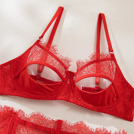Diccvicc Eyelash Floral Lace Lingerie Cut Out Bra Wide Garter Underwear Set See Through Seductive Intimate Apparel Exotic Outfit