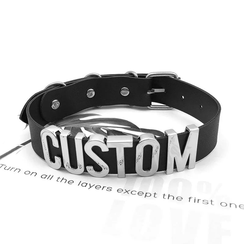 Black Goth Belt PU Customized Letters Choker Necklace Punk Sexy Men Women Personalized Collars Buckle Chocker Cosplay Jewelry