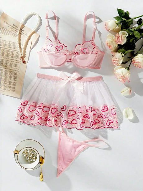 Pink Floral Lace Bra Perspective Mesh Bow Skirt Sex Set Pink Lingerie Set