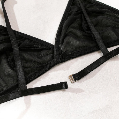 New Sexy Ultra-thin Mesh Bralette And Thongs See-through Metal Chain Decoration 4 Pcs Sexy Lingerie Set Female Underwear