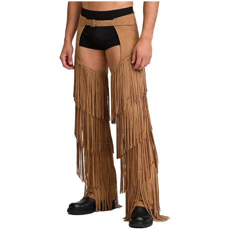 Mens Western Cowboy Chaps Fuax Suede Tassel Hollow Out Open Crotch Long Pants Adjustable Buckles Waist Motorcycle Biker Trousers