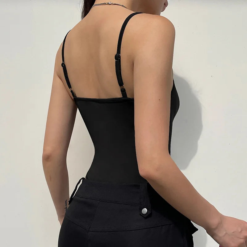 Women's Sleeveless Skinny Shirring Bodysuit Spaghetti Strap Black Solid Simple Basic Sexy Camisole for Vacation