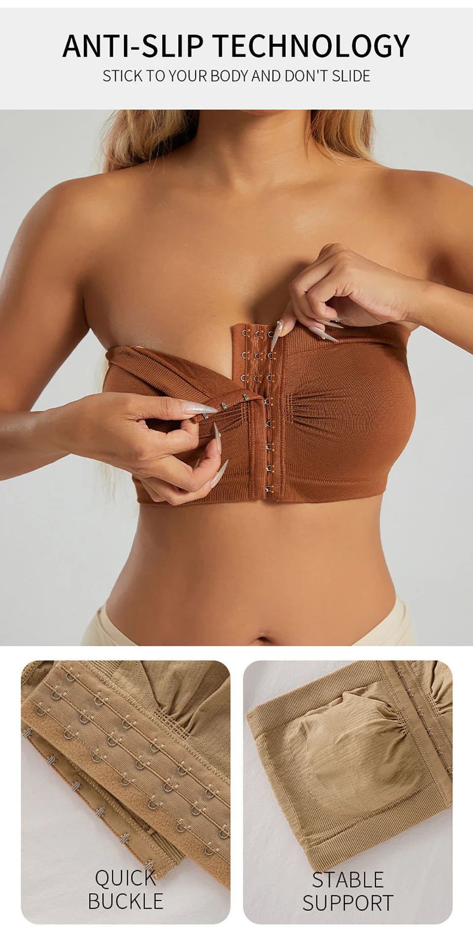 Women's Plus Size Strapless Front Closure Bandeau Bra Seamless Wireless Bralette Tube Top Non-Slip Everyday Brassiere