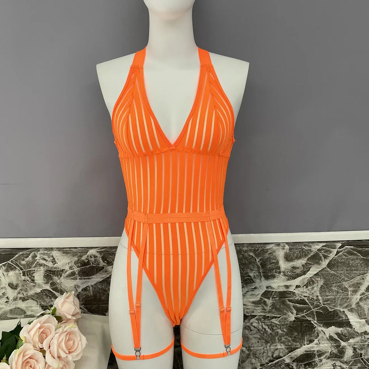 Sexy Lingerie Strip See Through Bodysuit Deep-V Halter Erotic Costumes Backless Jumpsuit Suspenders Underwear Women Garter 2024